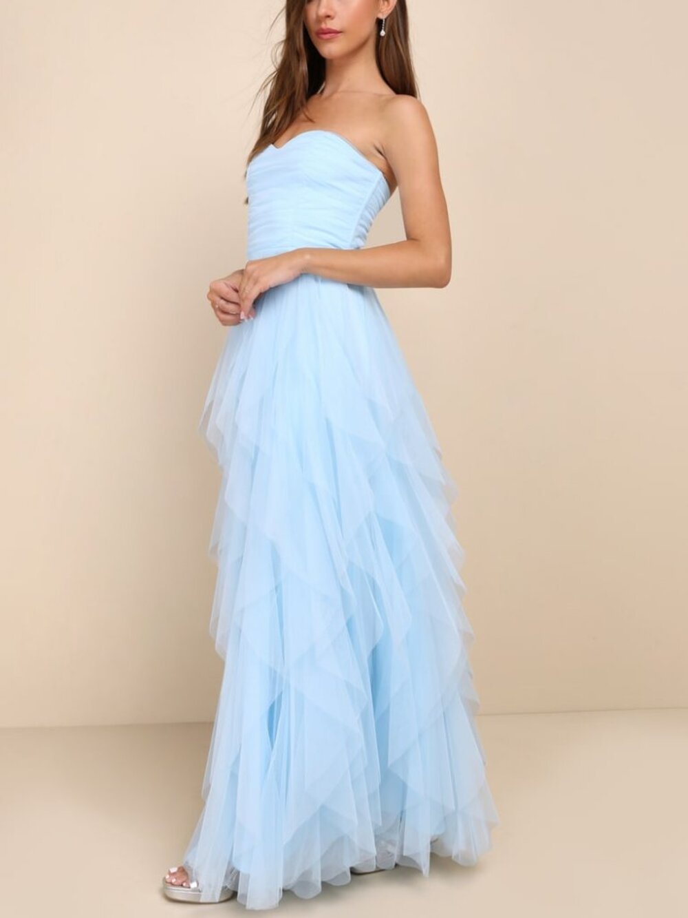 Lulus Delightful Beauty Blue Mesh Strapless Ruched Ruffled Maxi Dress Medium